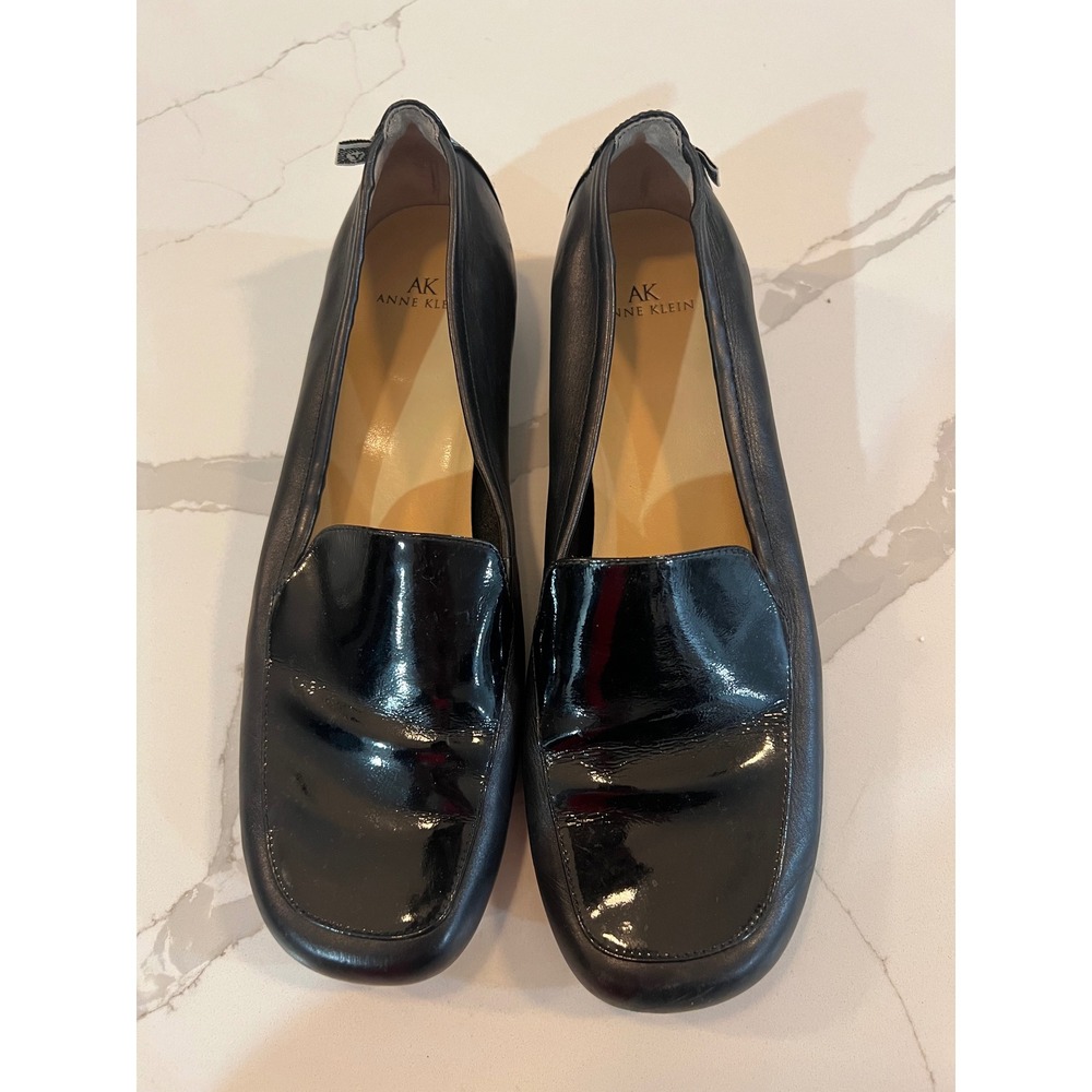 Anne Klein Womens Black‎ Leather Patent Square Toe Loafers Shoes Size 8.5M